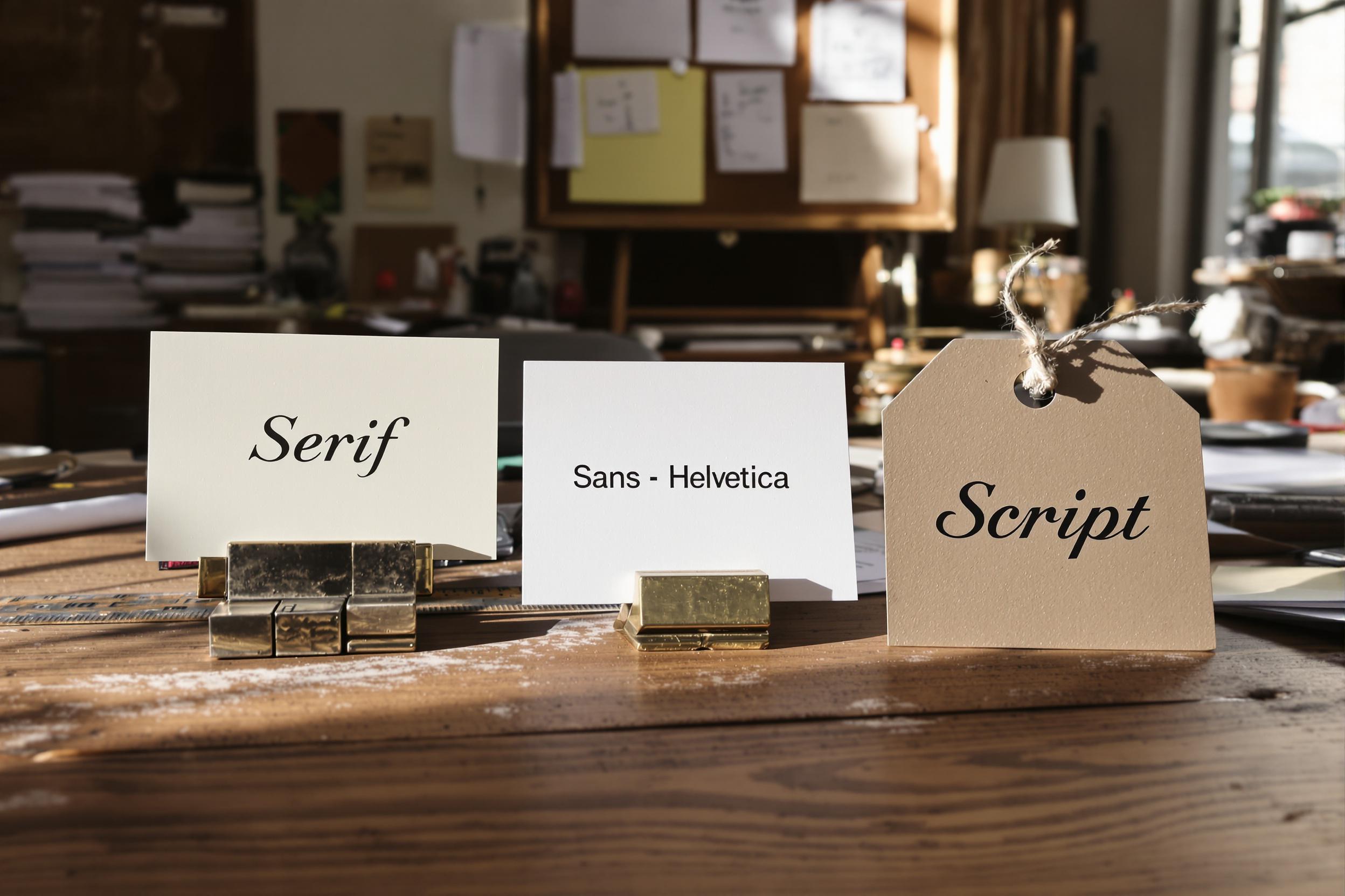 Three cards on a table showing different fonts