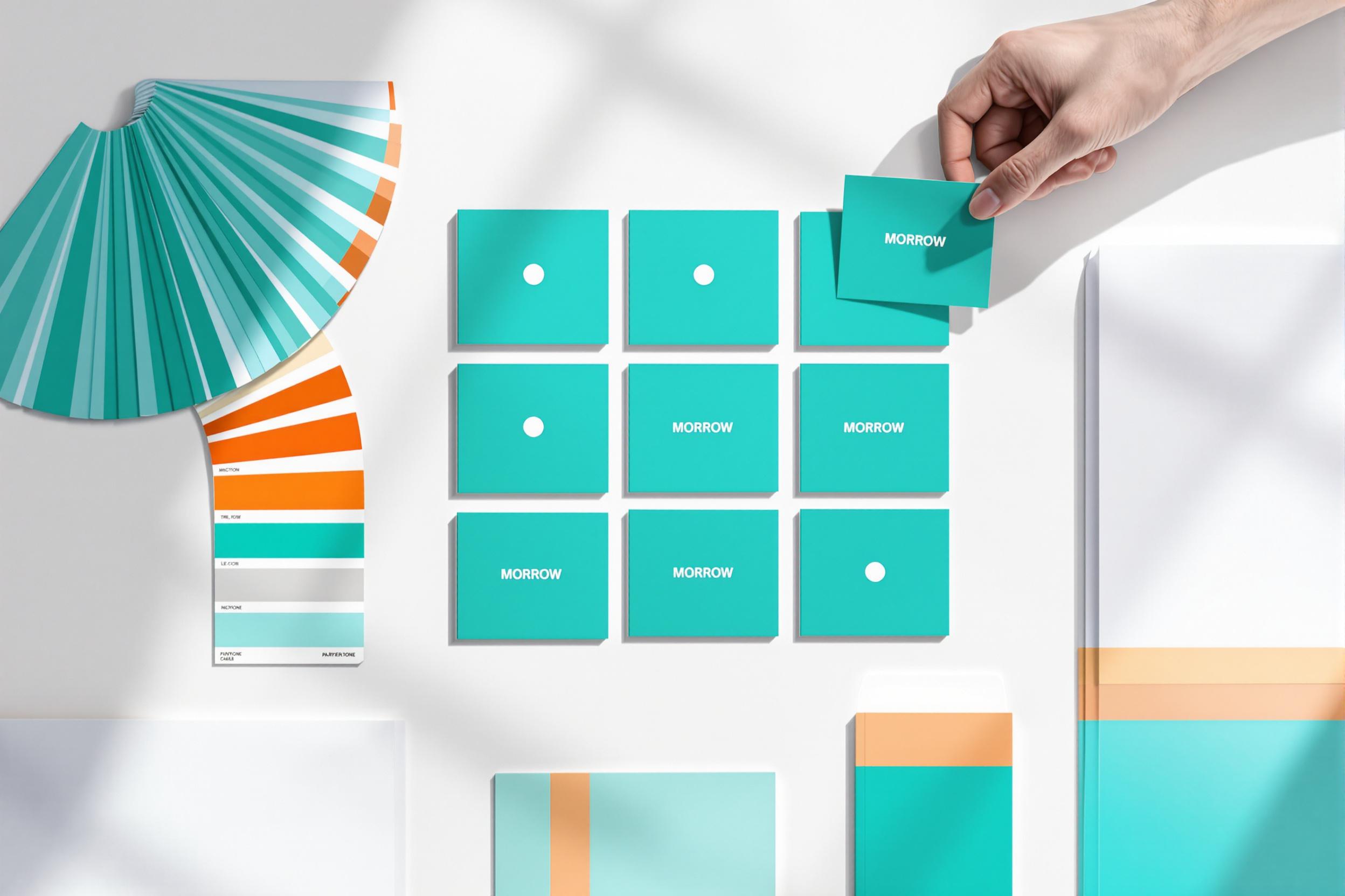 Design elements laid out on a table (swatches of colors and a hand grabbing a teal card)