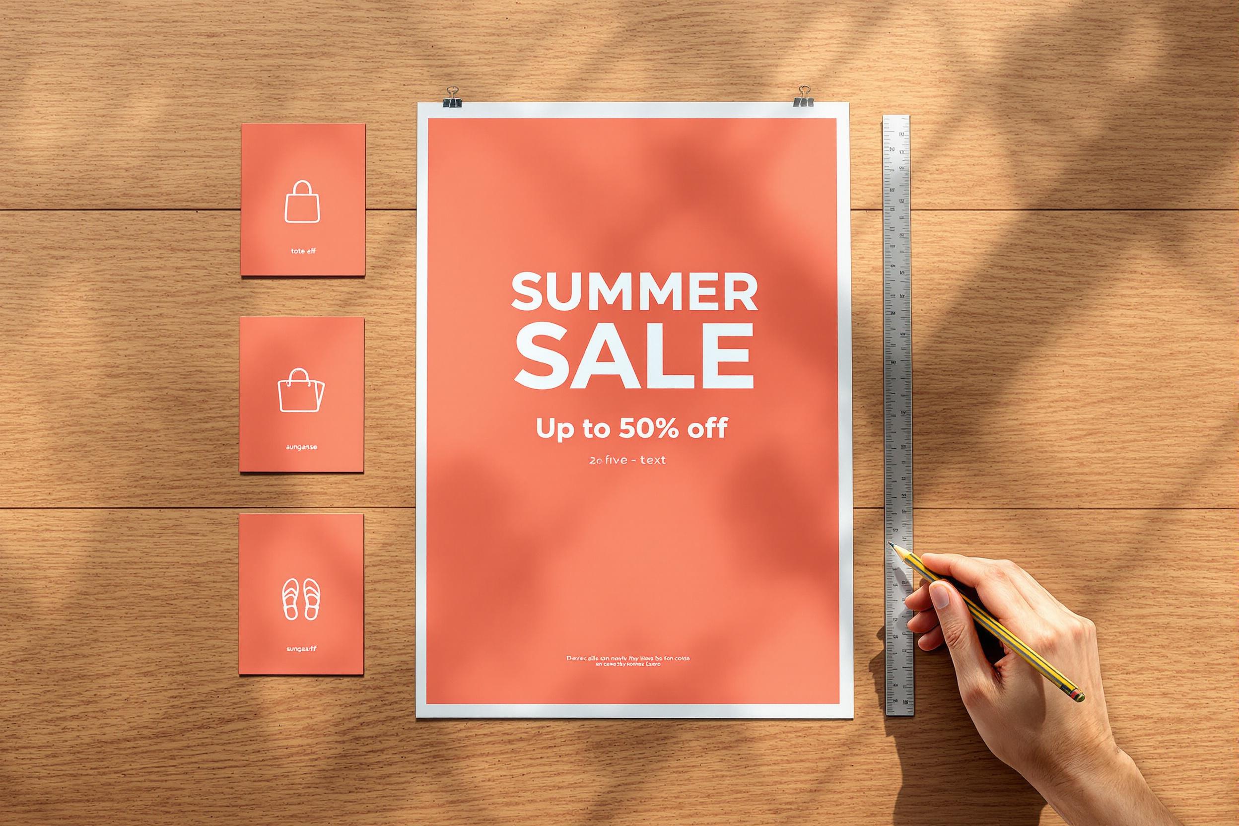 Poster showing "SUMMER SALE" in large letters, with a "Up to 50% off" underneath it.